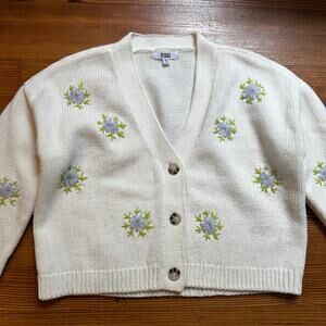 BB Dakota cream blue floral knit oversized cropped cardigan sweater SIZE XS